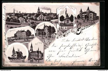 Lithographie Gütersloh, Ortsansicht, Kriegerdenkmal, Seminar, Gymnasium