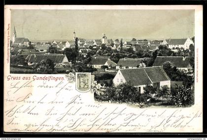AK Gundelfingen, Ortsansicht mit Kirche und Wappen
