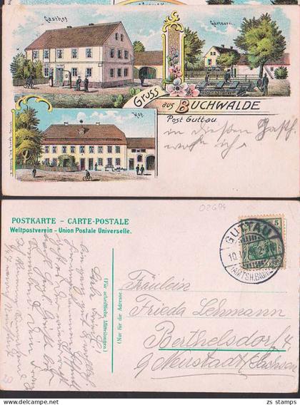 Buchwalde Post Guttau Litho mit Gasthof, Gärtnerei und Hof