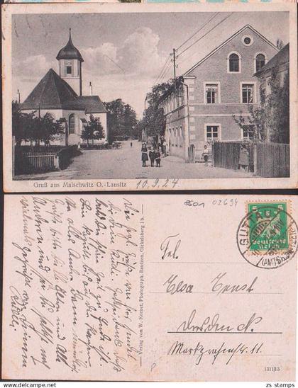 Malschwitz Oberlausitz Gruß aus mit Kirche und Schule 1924