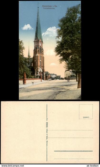Ansichtskarte Hainichen Straßenpartie Trinitatiskirche. 1916