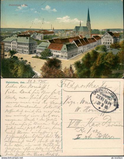 Ansichtskarte Hainichen Straßensicht - Totale 1915 Bahnpoststempel  Feldpost