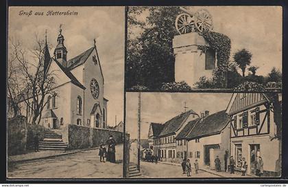 AK Hattersheim, Strassenpartie mit Geschäft, Kriegerdenkmal, Kirche