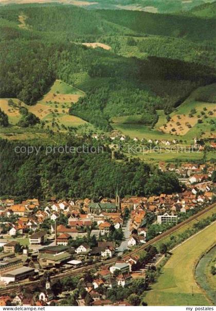 Hausach Spitzfelsen Schwarzwald Kirche Bahnlinie Wohnhaeuser Wald Huegel Flussla