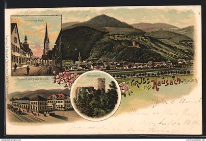 Lithographie Hausach, Hauptstrasse, Bahnhof mit Bahnhof-Hotel, Totalansicht, Schlossruine
