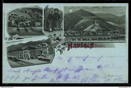 Mondschein-Lithographie Hausach i. Baden, Bahnhof mit Bahnhof-Hotel, Schlossberg, Ort und Frauen in Tracht
