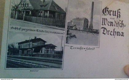 ! alte Ansichtskarte Gruß aus Wendisch-Drehna, Bahnhof, Fabrik, Gasthof, Walddrehna, Heideblick