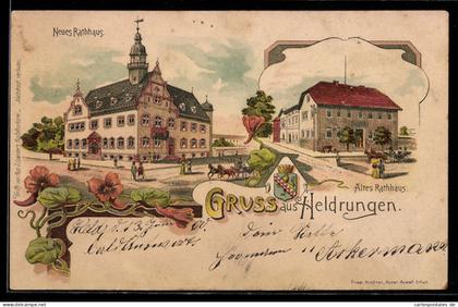 Lithographie Heldrungen, Neues und altes Rathaus