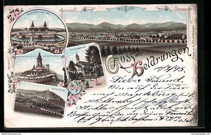 Lithographie Heldrungen, Schloss Heldungen, Sachsenburg, St. Golgatha Kapelle