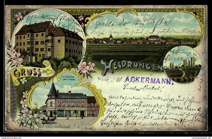 Lithographie Heldrungen, Schloss, Sachsenburg, Geschäftshaus Paul Sommer & Ortsansicht