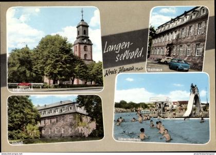 CPA Langenselbold in Hessen, Ev. Kirche, Rathaus, Schloss, Schwimmbad
