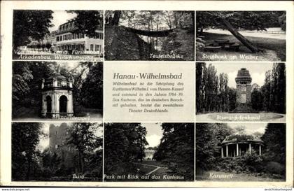 CPA Wilhelmsbad Hanau im Main Kinzig Kreis Hessen, Brunnentempel, Teufelsbrücke, Karussell, Park