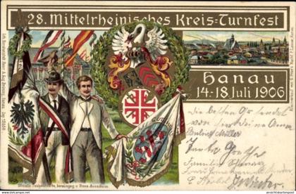Gaufré Blason Lithographie Hanau im Main Kinzig Kreis Hessen, 28. Mittelrheinisches Kreisturnfest Juli 1906