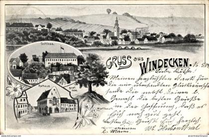 Lithographie Windecken Nidderau in Hessen, Gesamtansicht, Rathaus, Schloss, Wartbaum