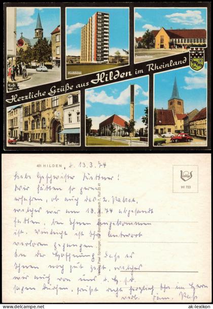 Ansichtskarte Hilden MB: Kirche Hochhaus Jugendheim Kirche 1974