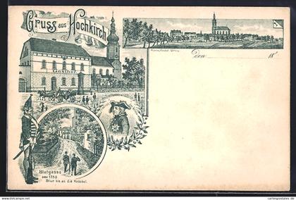Lithographie Hochkirch, Gasthof und Kirche, Blutgasse