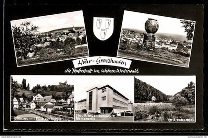 AK Höhr-Grenzhausen, Grenzau mit Blick zur Burg, Staatl. Ingenieurschule für Keramik, Brexbachtal