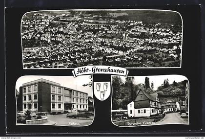 AK Höhr-Grenzhausen, Ortsansicht aus der Vogelschau, Rathaus, Burgruine Grenzau