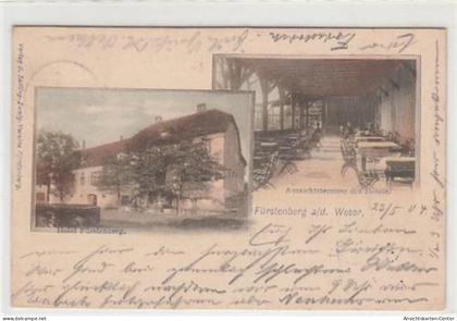 39085428 - Fuerstenberg a. d. Weser mit Hotel Fuerstenberg u. Terrasse gelaufen, 1904. Leichter Stempeldurchdruck, sons
