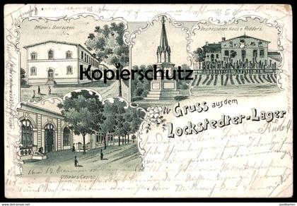 ALTE LITHO POSTKARTE GRUSS AUS DEM LOCKSTEDTER LAGER 1901 BESCHOSSENES HAUS RIDDERS BARRACKEN Lockstedt Hohenlockstedt