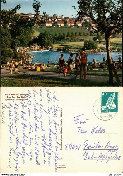 Ansichtskarte Hünfeld Sportbad Haselgrund Rhön, Personen im Freibad 1975