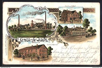 Lithographie Gross Ilsede, Gasthof Meyerhoff, Bahnhof, Ilseder Hütte, Kaufhaus E. Ball