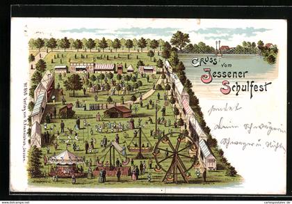 Lithographie Jessen / Halle, Schulfest aus der Vogelschau