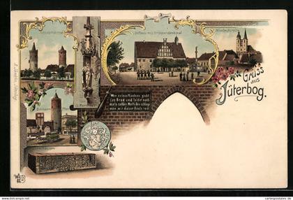 Lithographie Jüterbog, Rathaus mit Kriegerdenkmal und Nicolaikirche