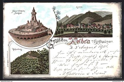 Lithographie Kelbra, Kaiser Wilhelm-Denkmal, Rothenburg, Gesamtansicht
