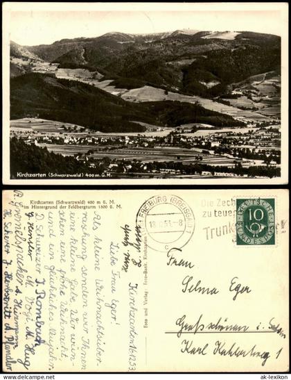 Ansichtskarte Kirchzarten Panorama-Ansicht im Hintergrund Feldbergturm 19523