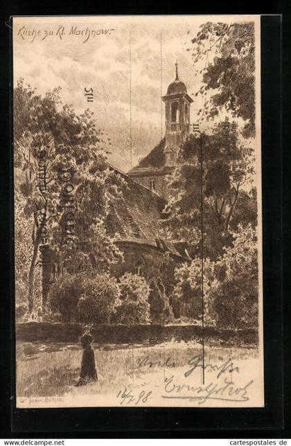 Künstler-AK Klein Machnow, Spaziergang zur Kirche