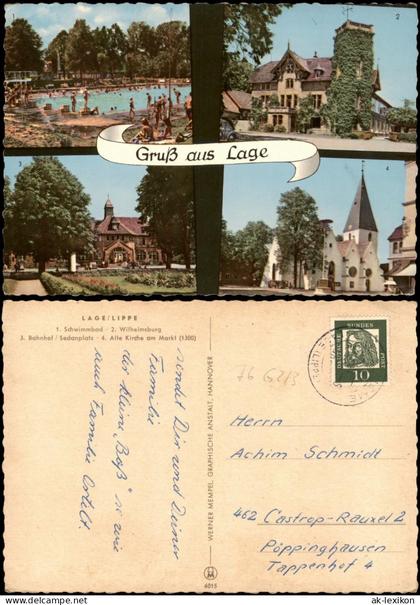 Lage Lippe Mehrbild-AK  Schwimmbad Wilhelmsburg Bahnhof Sedanplatz Markt 1965