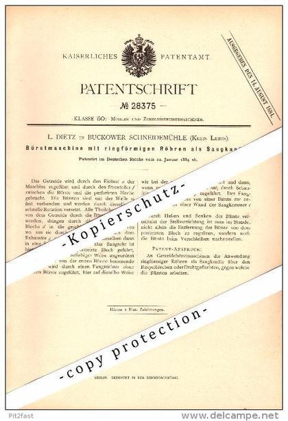 Original Patent - L. Dietz in Buckower Schneidemühle , Kreis Lebus , 1884 , Bürstenmaschine für Mühle , Buckow !!!