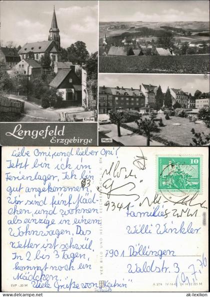 Ansichtskarte Lengefeld (Erzgebirge) Straße und Kirche, Markt, Stadt 1974