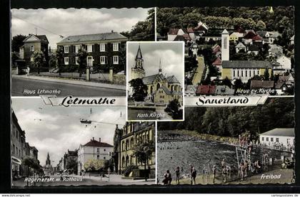 AK Letmathe im Sauerland, Haus Letmathe, Neue ev. Kirche, Hagenerstrasse mit Rathaus, Freibad