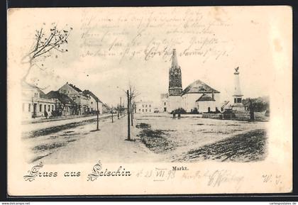 AK Letschin, Markt mit Kirche und Denkmal