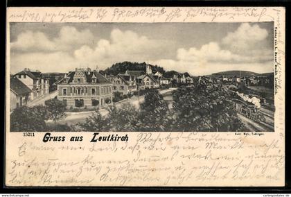 AK Leutkirch, Ortsansicht mit Eisenbahn