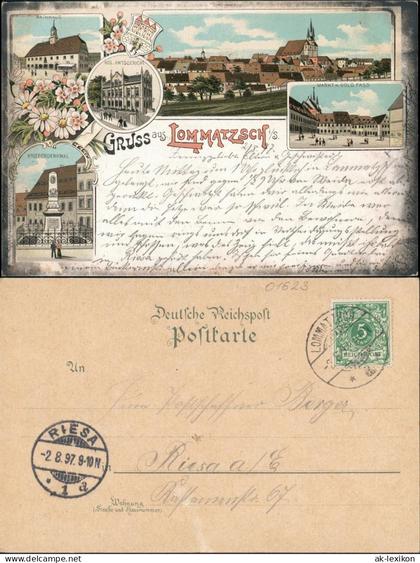 Ansichtskarte Lommatzsch Markt, Kriegerdenkmal 1897