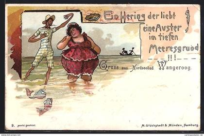 AK Wangeroog, Beleibte Frau und dünner Mann im flachen Wasser