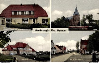 CPA Kirchweyhe Weyhe Niedersachsen, Bäckerei, Gemischtwaren, Kirche, Rathaus, Partie am Bahnhof
