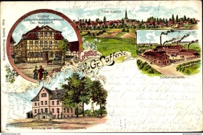 Lithographie Groß Lafferde Ilsede in Niedersachsen, Gasthof zum Deutschen Radfahrbund, Konservenfabrik