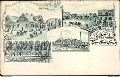 Lithographie Neuölsburg Ilsede in Niedersachsen, Gasthaus Welge, Ilseder Hütte, Marktplatz