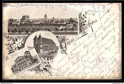 Lithographie Luckau, Totalansicht mit Umgebung, Kirche und Rathaus