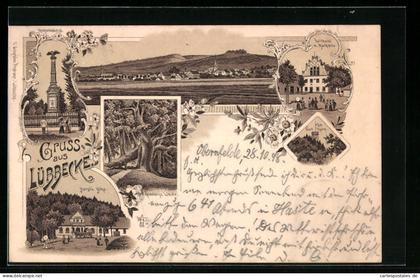 Lithographie Lübbecke, Gasthaus Horst`s Höhe, Rathaus mit Marktplatz, Kriegerdenkmal