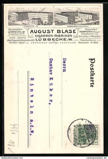 Lithographie Lübbecke /W., Cigarren-Fabriken August Blase in Lübbecke u. Goldramstein, Gebäude, Bestellung