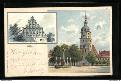 Lithographie Lübben, Kirche und Denkmal, kunstvoller Giebel