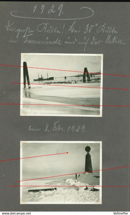 6x  XL Foto 1929 Lübeck Travemünde, Kälteeinbruch Schiff eingefroren, Schnee, Wetter Katastrophe große Kälte vor 2. WK