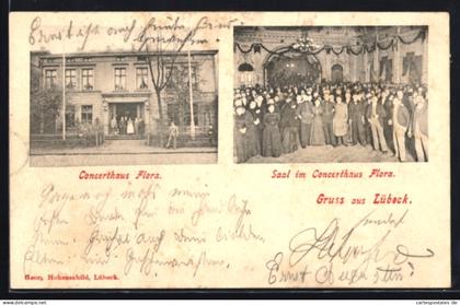 AK Lübeck, Gasthaus Flora, Frontalansicht, Saal mit Gästen