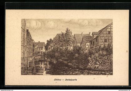 Künstler-AK Lüchow, Jeefzelpartie, alte Fachwerkhäuser