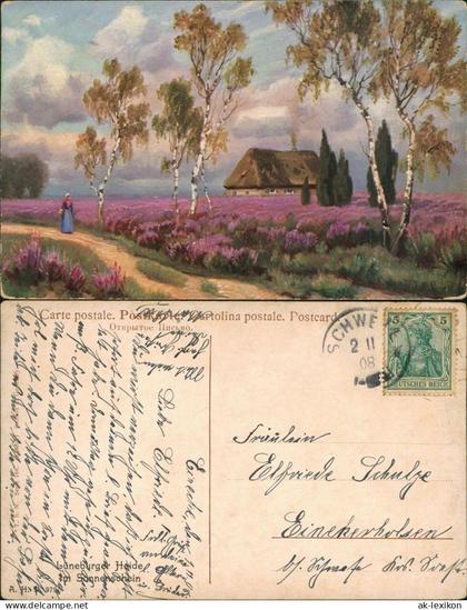 .Niedersachsen Lüneburger Heide Birken Bauernhaus Künstlerkarte 1908